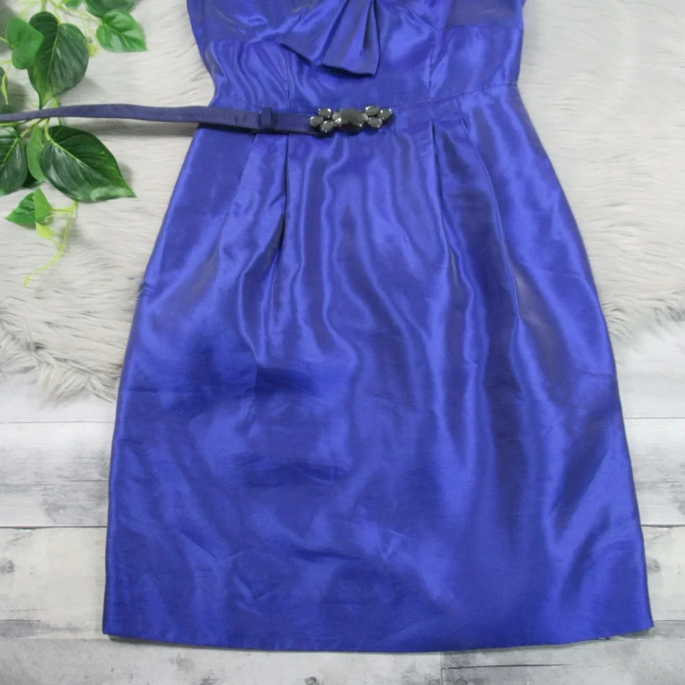 PER SE Blue Silk Sleeves Sheath Dress With Belt Women’s Size 2